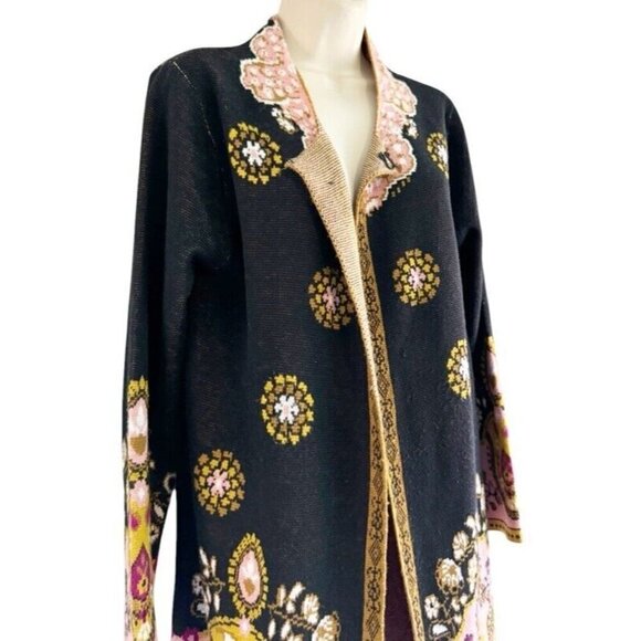 Max Sport Woman's Sz M Black Pink Gold Paisley Floral Long Duster Cardigan - Picture 2 of 11